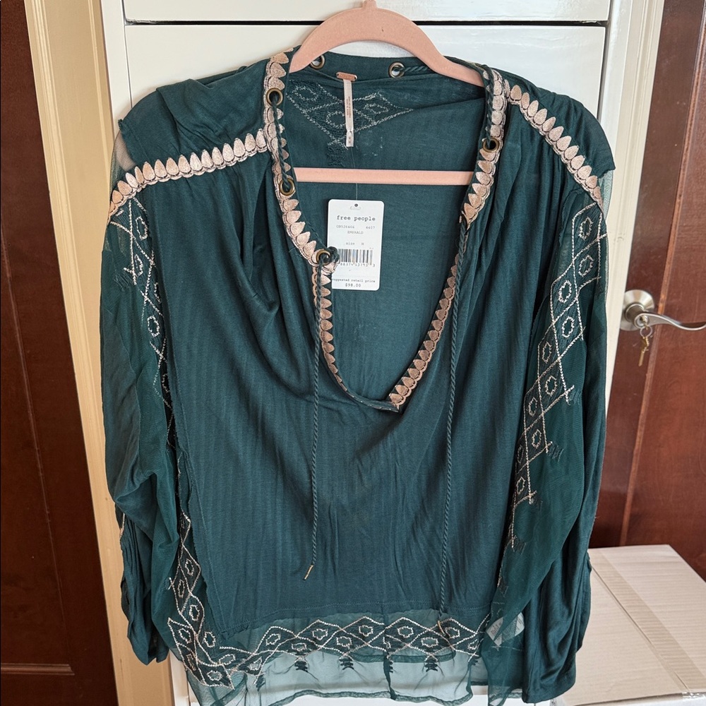 Free People Dark Teal Embroidered Blouse
